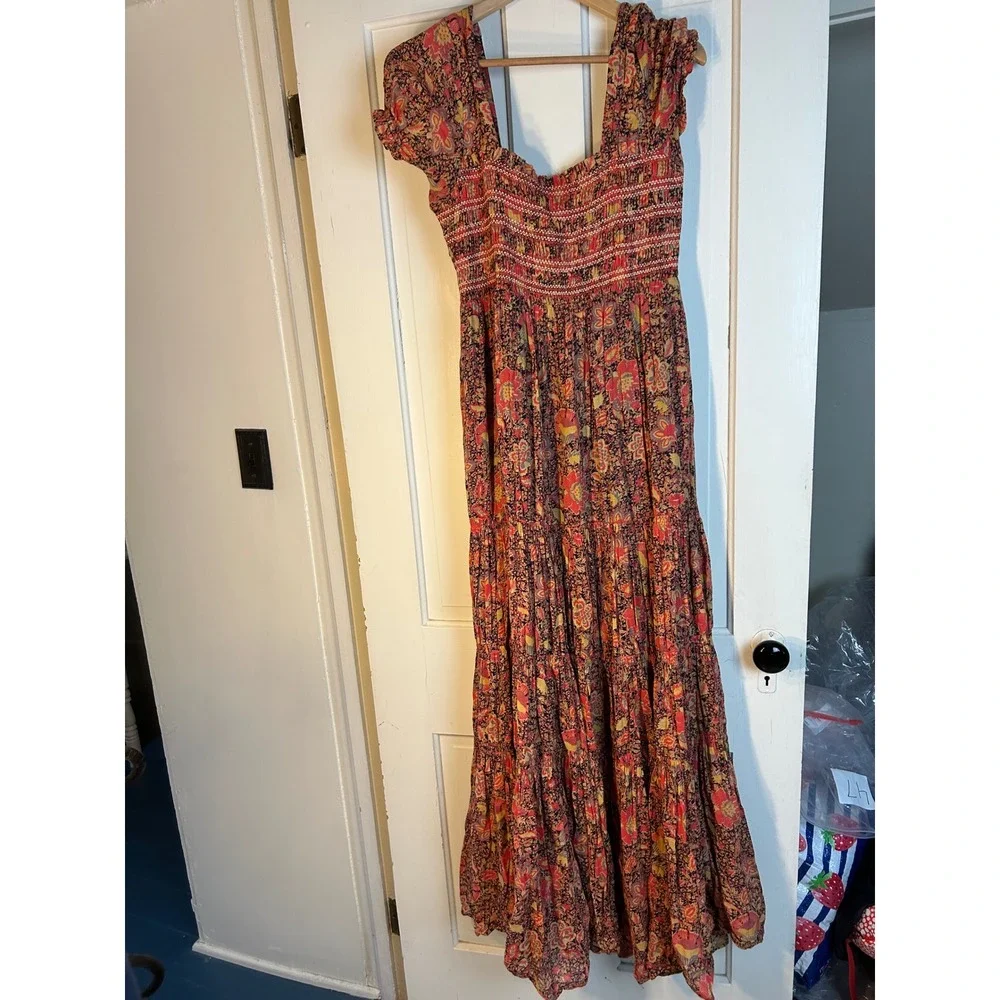 Free People Getaway Tiered Maxi Dress Red Floral Smocked Boho Medium - Picture 4 of 5